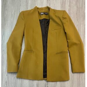 Zara Women Olive Green/Mustard Collarless Open Front Tailored Blazer Size M